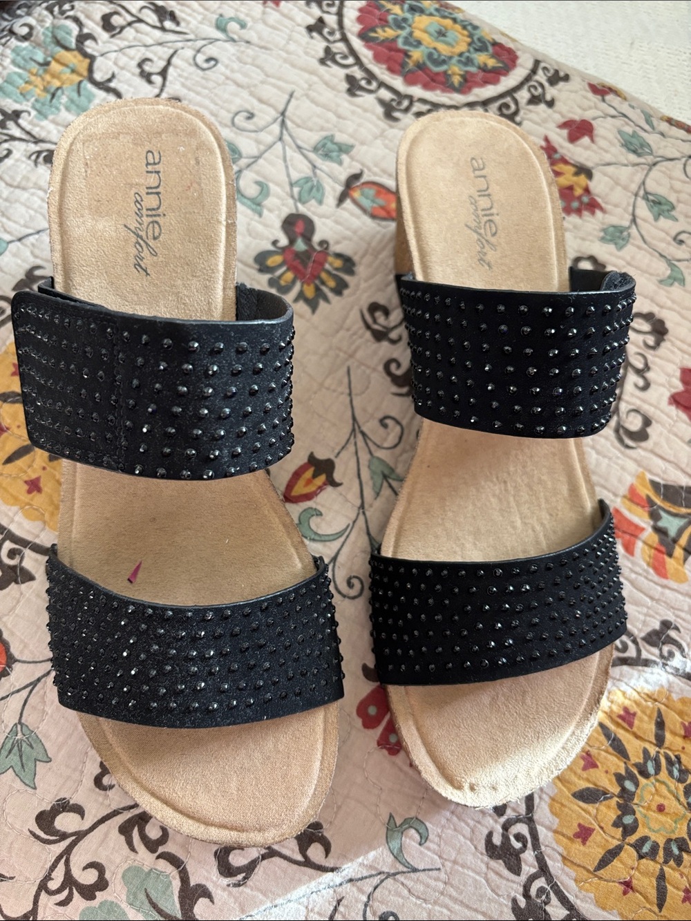 Cork Wedge Black Rhinestone Covered Double Strap Slide Sandals Size 11M - Picture 12 of 16